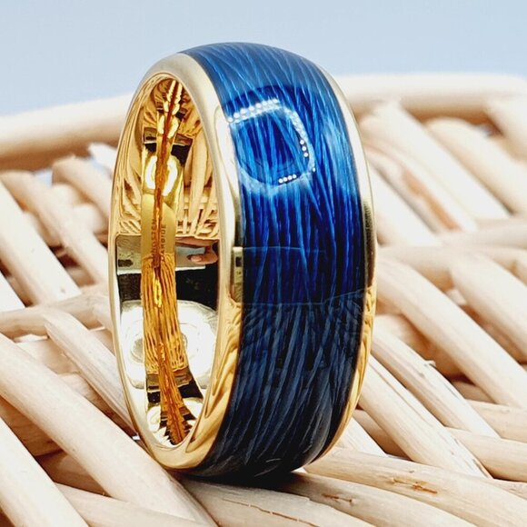 Blue Wire Inlay Gold Tungsten Engagement Ring, GALTUN950 - Picture 1 of 11